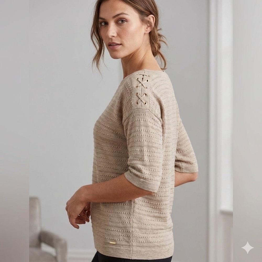 Calvin Klein Women’s Small Beige Short Sleeve Sweater Shoulder Grommets